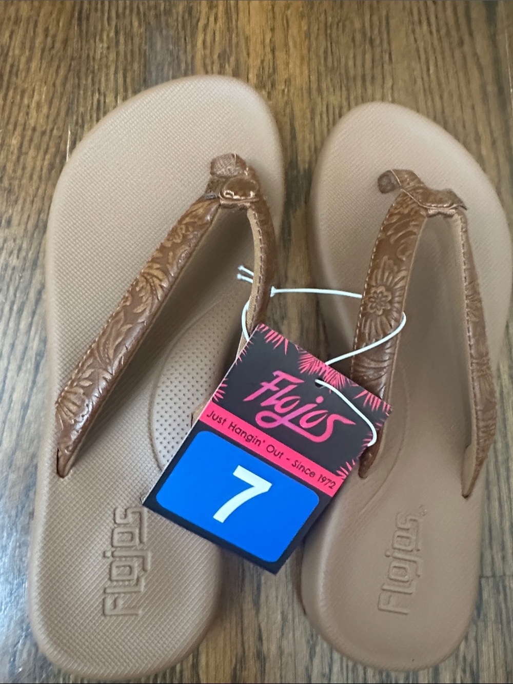 Flojos Tan Floral-Embossed Thong Sandals